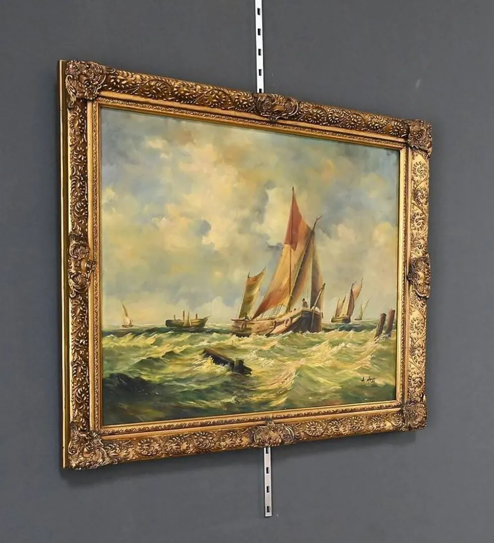 Tableau « Voiliers en mer agitée » signé Albert Hess – Milieu XXe