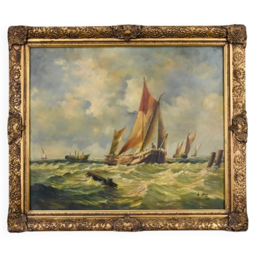 Tableau « Voiliers en mer agitée » signé Albert Hess – Milieu XXe