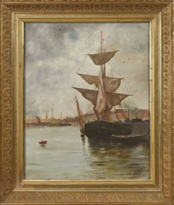 Tableau « Voilier sur mer calme », huile sur toile – fin XIXe