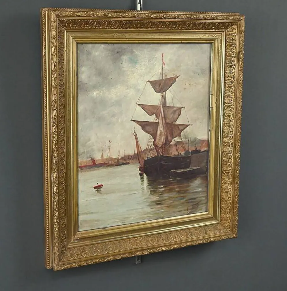 Tableau « Voilier sur mer calme », huile sur toile – fin XIXe