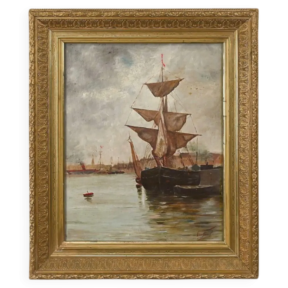 Tableau « Voilier sur mer calme », huile sur toile – fin XIXe