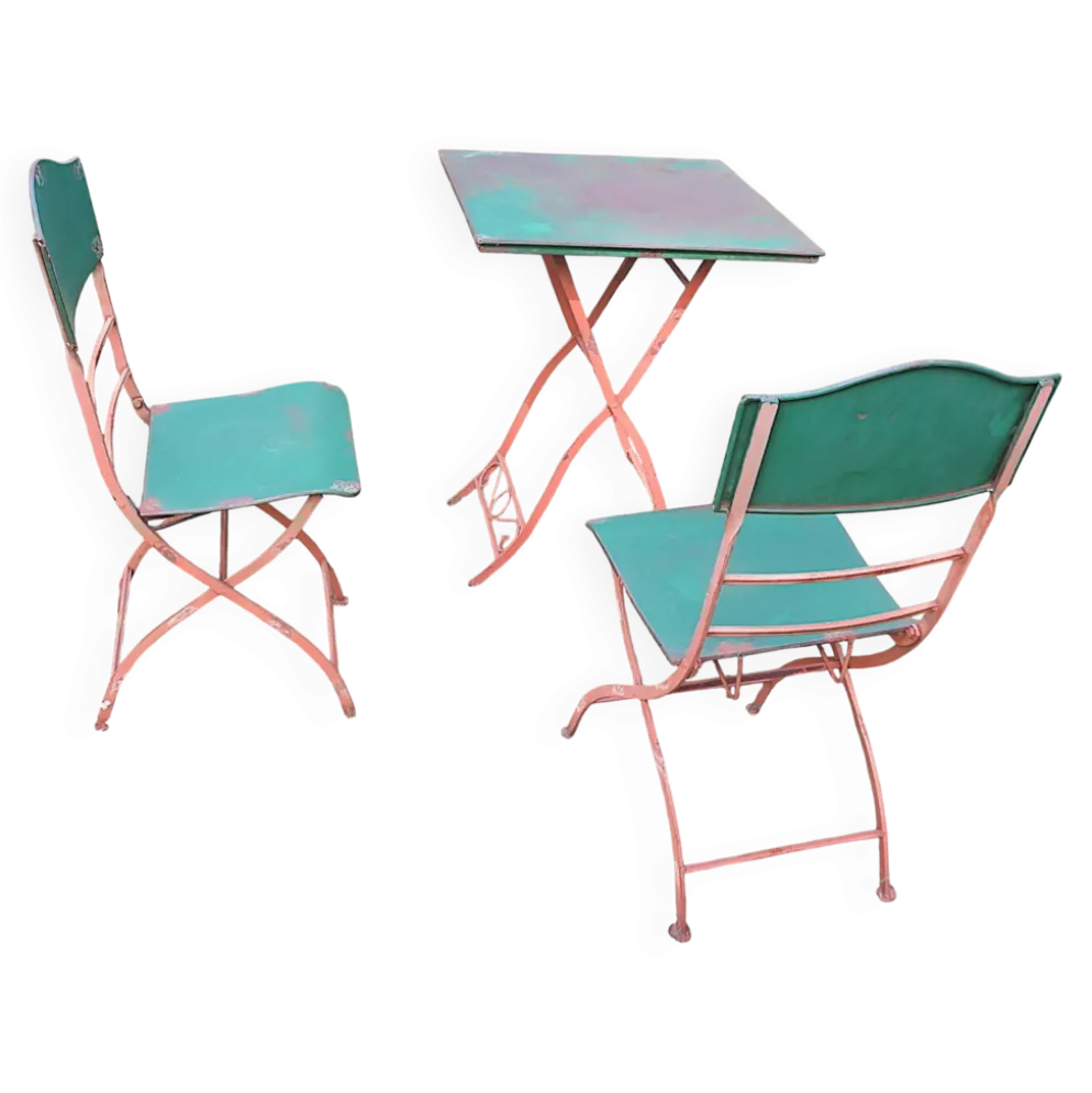 Table de jardin en fer peint, style milieu de siècle, avec 2 chaises, années 1960.