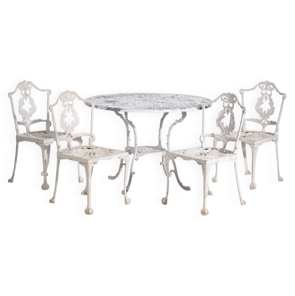Table et chaises de jardin blanches d’époque (c.1950). Ensemble de 5 pièces