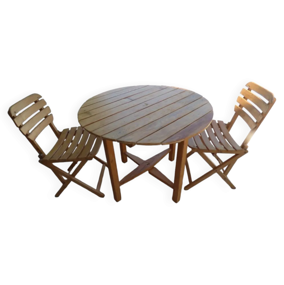 Table et 2 chaises pliantes de jardin en bois naturel