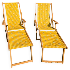 2 tansats chilienne vintage bois et toile jaune imprimé voilier avec repose