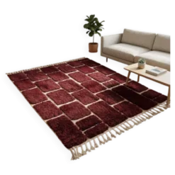 Tapis Beni Ouraine en laine sur mesure traditionnelle bordeaux 1,5/2,5 m