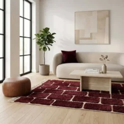 Tapis Beni Ouraine en laine sur mesure traditionnelle bordeaux 1,5/2,5 m