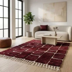 Tapis Beni Ouraine en laine sur mesure traditionnelle bordeaux 1,5/2,5 m