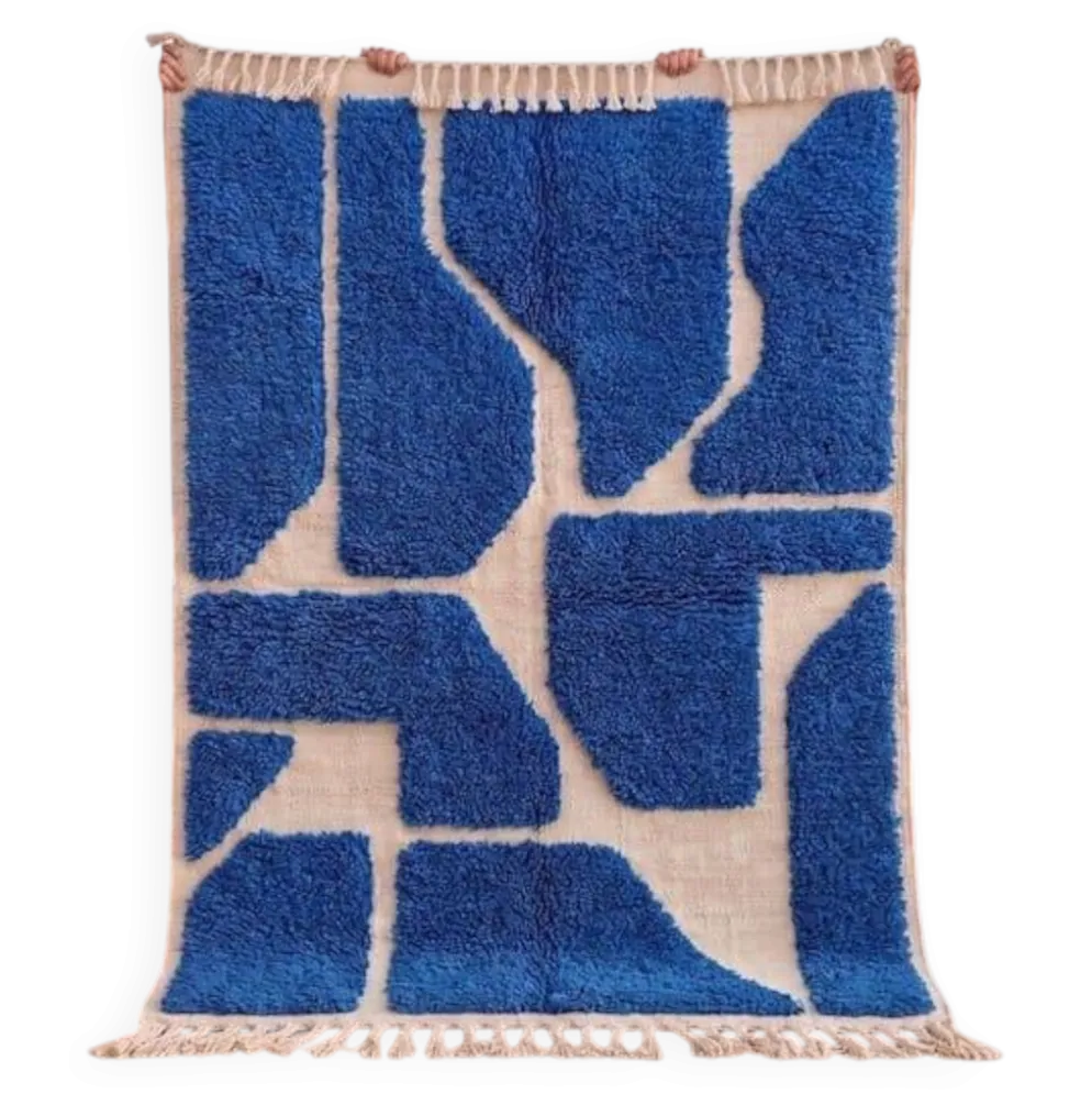 Tapis beni ouraine traditionnel authentique blanc et bleu 2/3 m