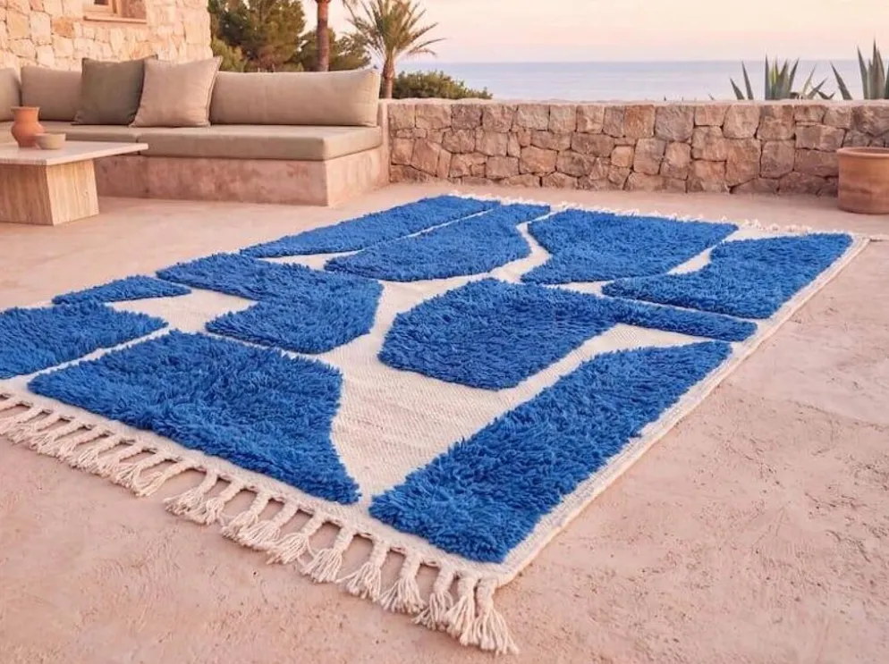 Tapis beni ouraine traditionnel authentique blanc et bleu 2/3 m