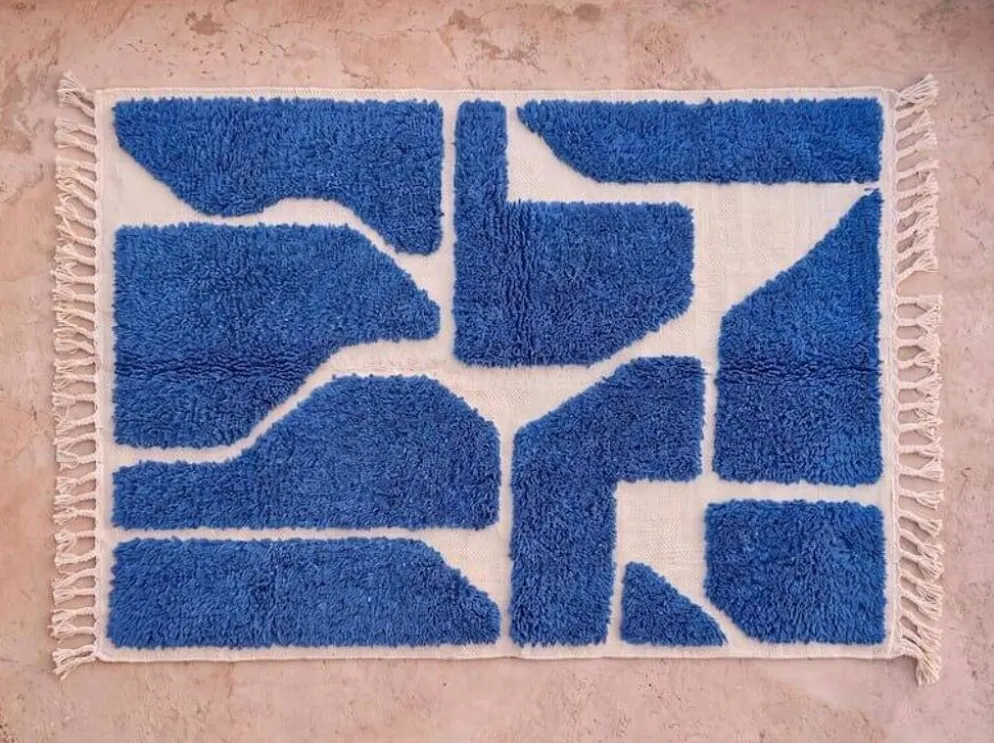 Tapis beni ouraine traditionnel authentique blanc et bleu 2/3 m