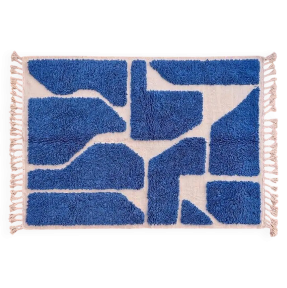Tapis beni ouraine traditionnel authentique blanc et bleu 2/3 m