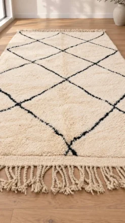 Tapis berbère Beni Ouarain écru et noir en laine