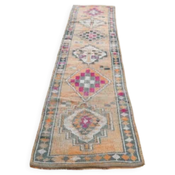 Tapis couloir Oushak vintage fuchsia, en laine turque, 86x341 cm