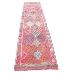 Tapis couloir turc rose vif, tapis vintage boho, 83x353 cm