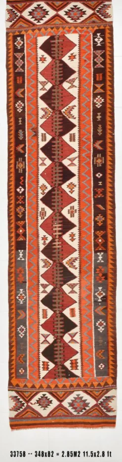 Tapis couloir vintage kilim orange et marron, motif oriental