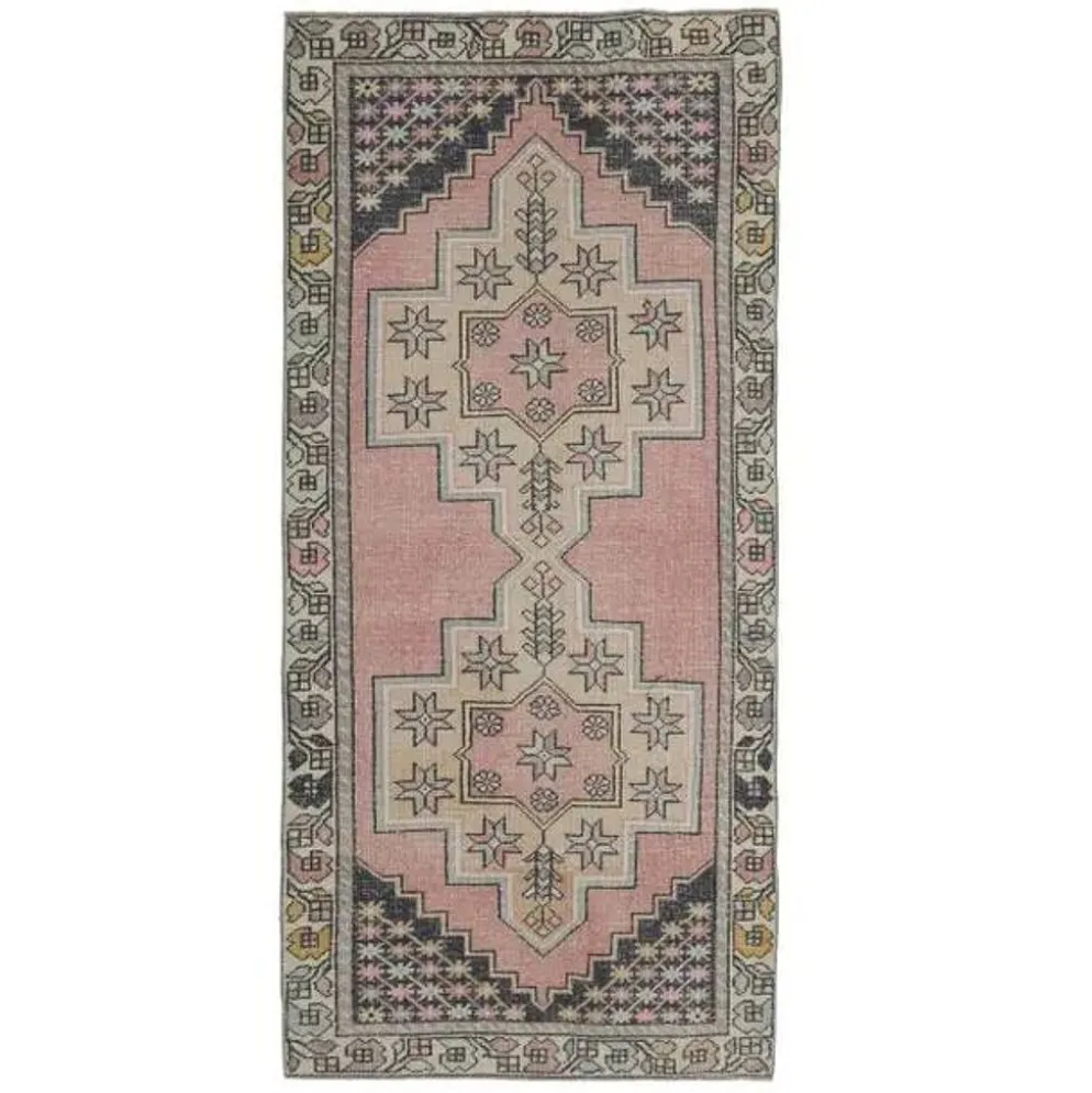 Tapis couloir vintage turc Oushak fait à la main en laine et coton rose 117x254