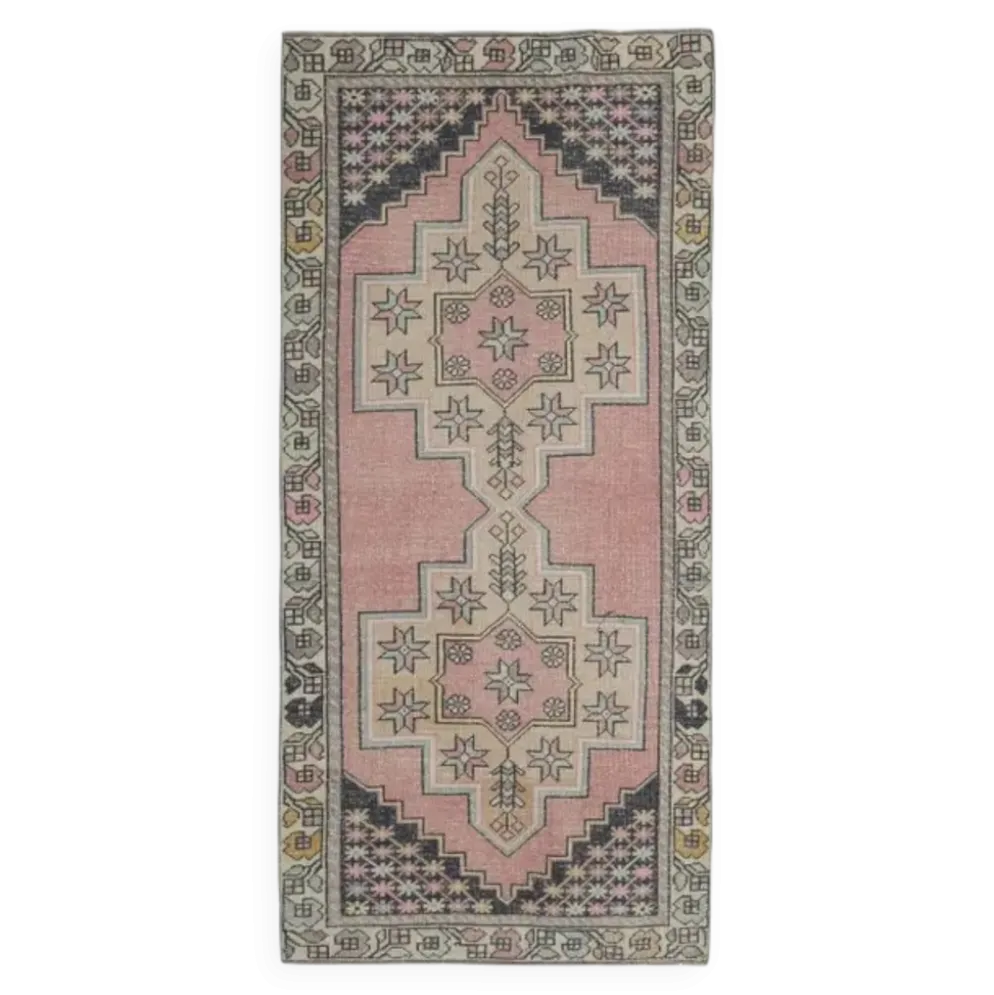 Tapis couloir vintage turc Oushak fait à la main en laine et coton rose 117x254