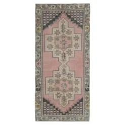 Tapis couloir vintage turc Oushak fait à la main en laine et coton rose 117x254