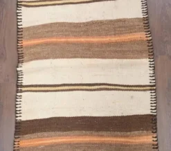 Tapis coureur kilim en laine et coton beige turc fait main vintage 78x344