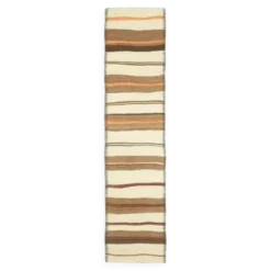 Tapis coureur kilim en laine et coton beige turc fait main vintage 78x344