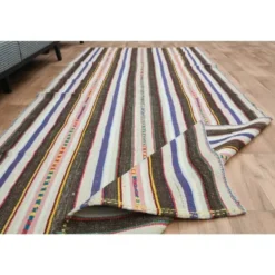 Tapis coureur kilim vintage turc rayé marron bleu 145x324
