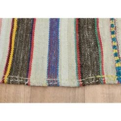 Tapis coureur kilim vintage turc rayé marron bleu 145x324
