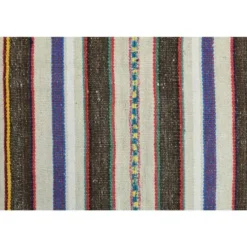 Tapis coureur kilim vintage turc rayé marron bleu 145x324