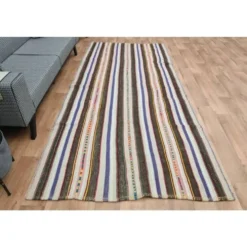 Tapis coureur kilim vintage turc rayé marron bleu 145x324
