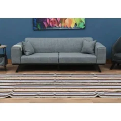 Tapis coureur kilim vintage turc rayé marron bleu 145x324