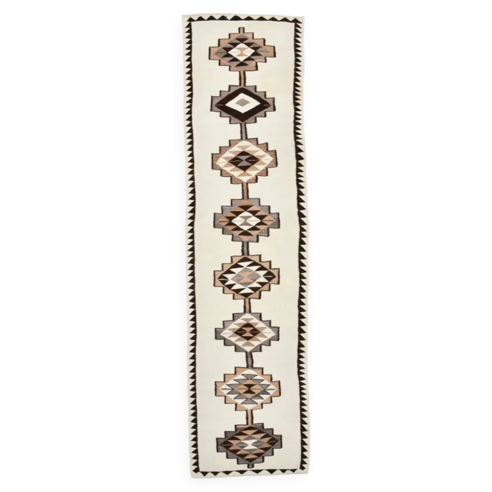 Tapis coureur tribal kilim blanc cassé et marron, 101x388 cm