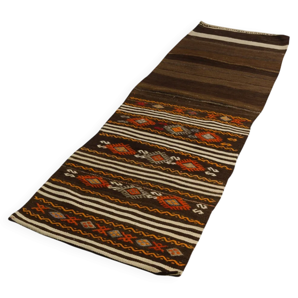 Tapis coureur turc vintage, kilim anatolien tissé à la main, géométrique aux tons terre.