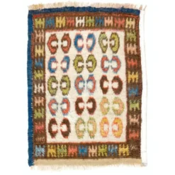 Tapis d'accent turc Tulu vintage unique en son genre, noué à la main, avec des motifs géométriques colorés, 100 % laine.