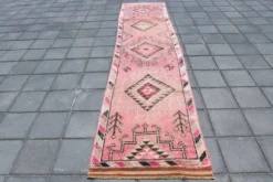 Tapis de couloir rose à médaillons, tapis turc vintage, 86x364 cm