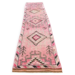 Tapis de couloir rose à médaillons, tapis turc vintage, 86x364 cm