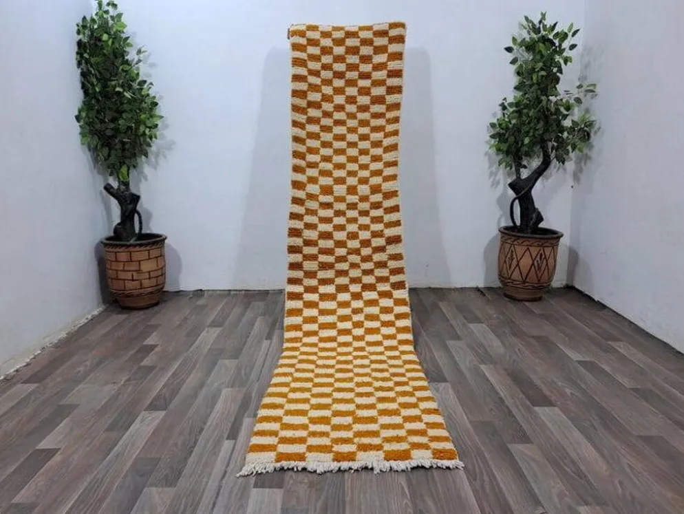 Tapis de couloir tissé main artisanale traditionnelle orange 75/300 cm
