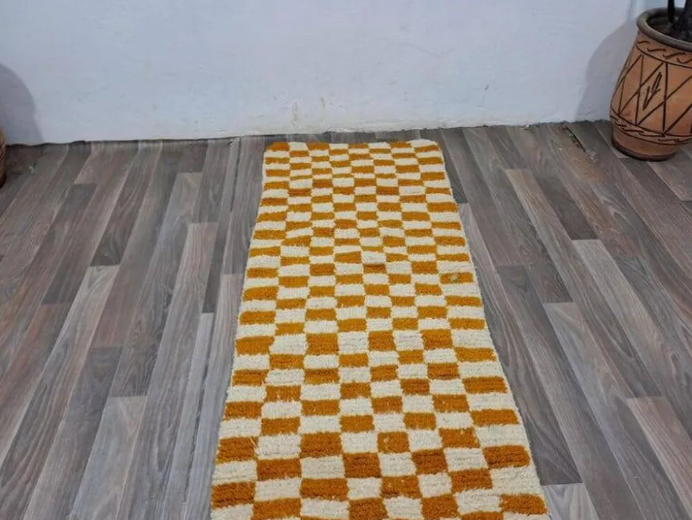 Tapis de couloir tissé main artisanale traditionnelle orange 75/300 cm