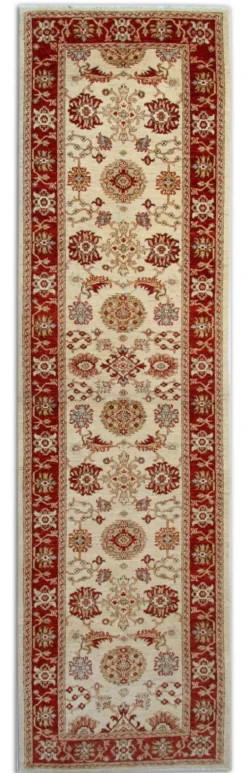 Tapis de couloir traditionnel en laine noué à la main, crème, rouge, tapis afghan pour la maison.