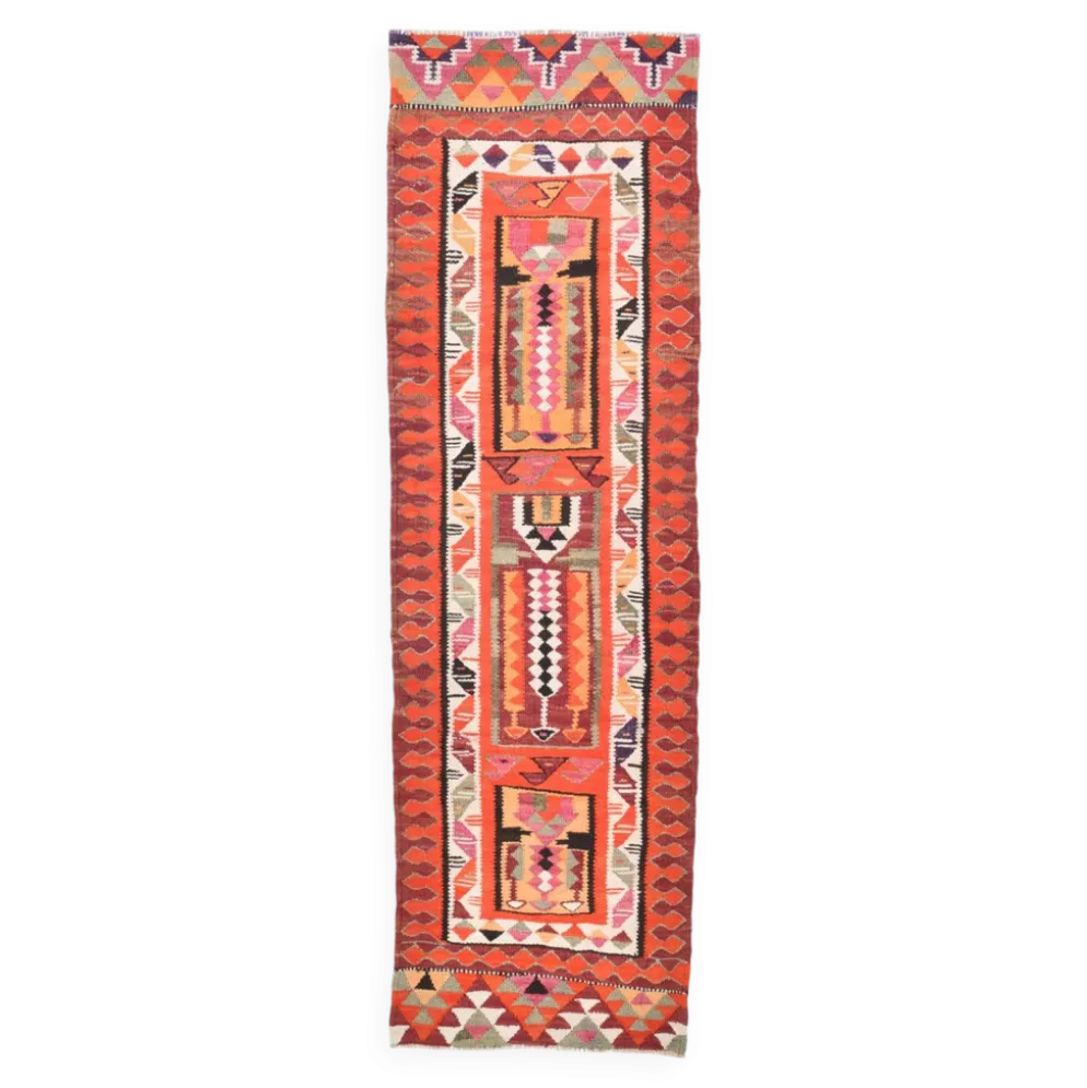 Tapis de couloir tribal kilim géométrique orange et rose