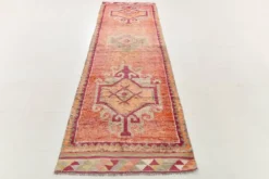 Tapis de couloir turc corail, tapis anatolien à médaillons, 96x338 cm
