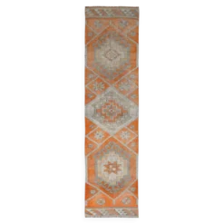 Tapis de couloir turc vintage orange citrouille et gris, 86 x 356 cm