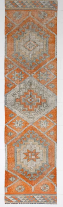 Tapis de couloir turc vintage orange citrouille et gris, 86 x 356 cm