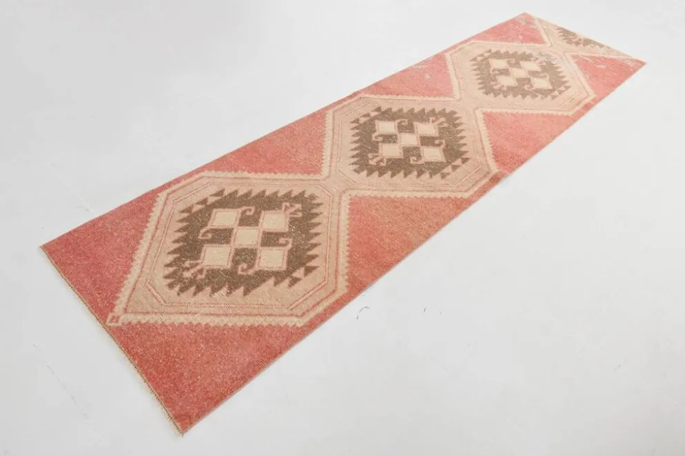 Tapis de couloir vintage en laine turque, 3 x 11, rose délavé et marron, 91 x 328 cm