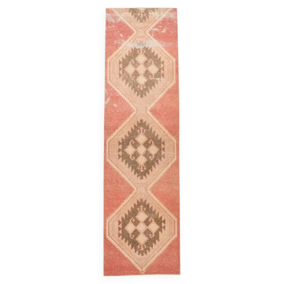 Tapis de couloir vintage en laine turque, 3 x 11, rose délavé et marron, 91 x 328 cm