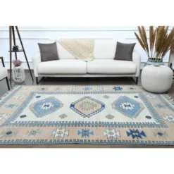 Tapis de zone vintage turc Oushak fait main en laine et coton beige 185x259 des années 1970