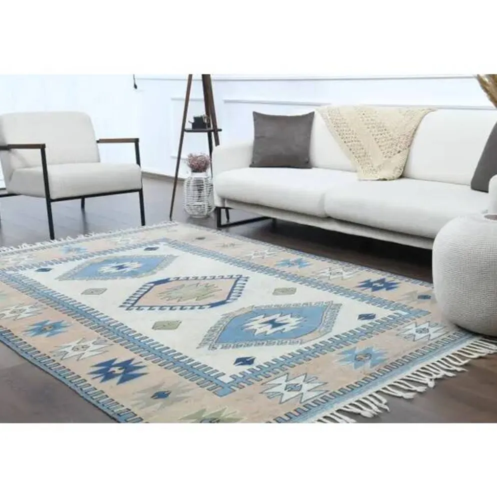 Tapis de zone vintage turc Oushak fait main en laine et coton beige 185x259 des années 1970