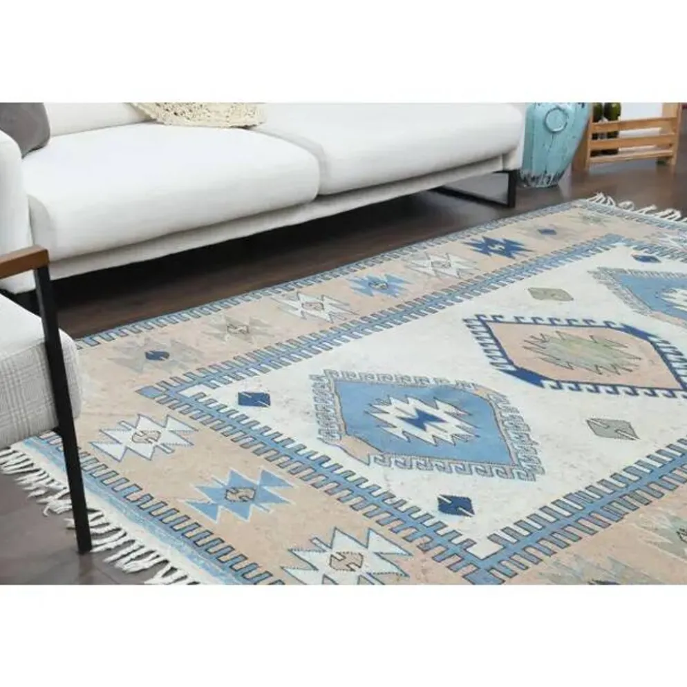 Tapis de zone vintage turc Oushak fait main en laine et coton beige 185x259 des années 1970