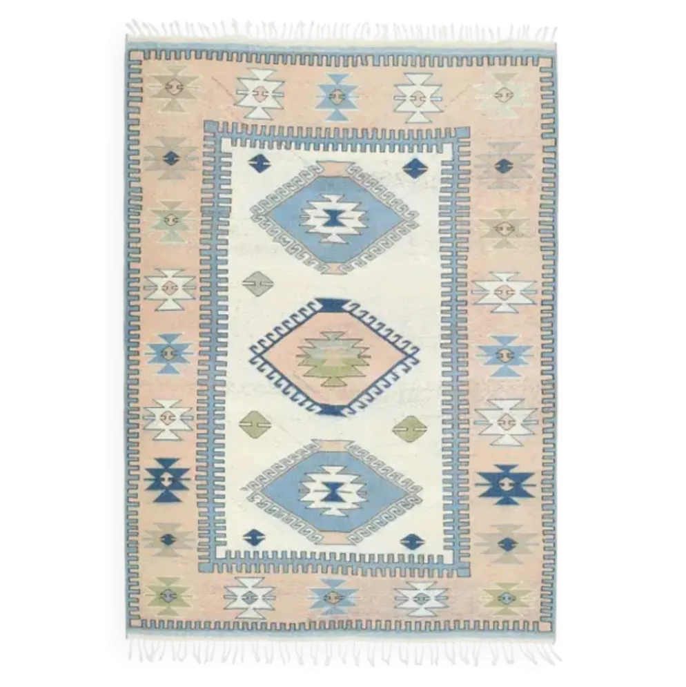 Tapis de zone vintage turc Oushak fait main en laine et coton beige 185x259 des années 1970