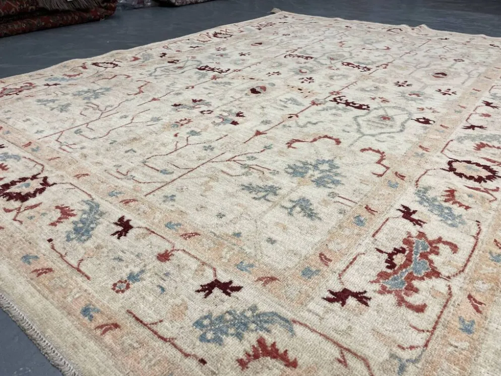 Tapis en laine crème à motifs floraux fait main, style oriental moderne pour salon