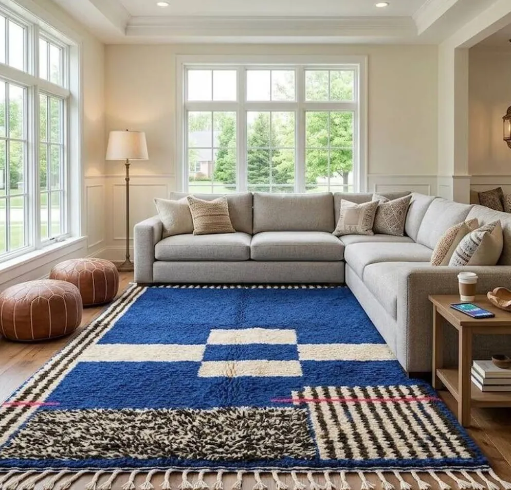 Tapis en laine naturel beni ourain a motifs colorés 150/250 cm